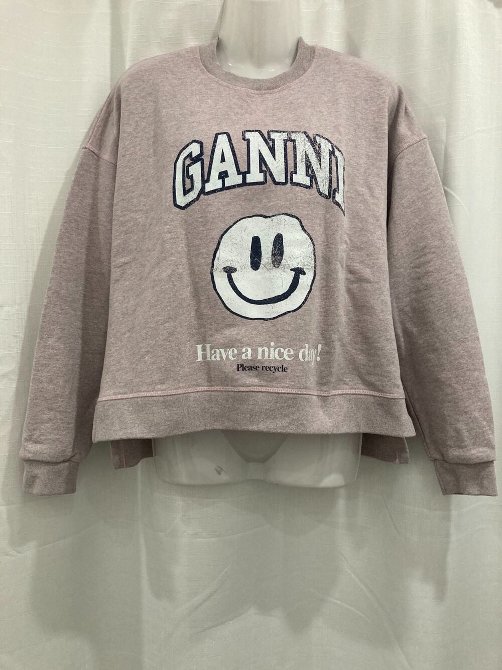 GANNI Grey Vintage Wash Smiley Face Cropped Sweatshirt